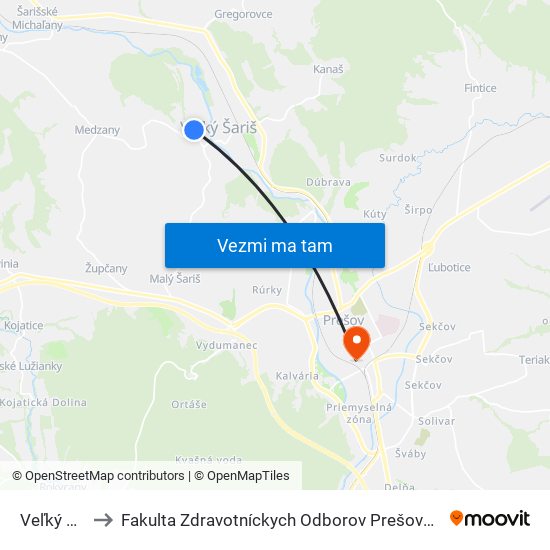 Veľký Šariš to Fakulta Zdravotníckych Odborov Prešovskej Univerzity map