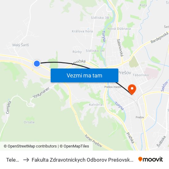 Telekča to Fakulta Zdravotníckych Odborov Prešovskej Univerzity map