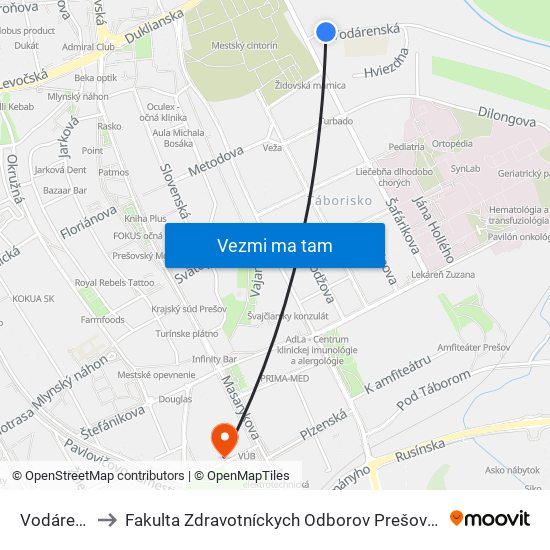 Vodárenská to Fakulta Zdravotníckych Odborov Prešovskej Univerzity map