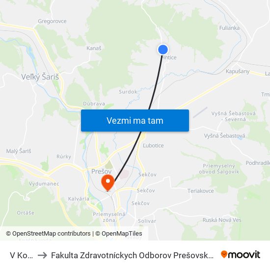 V Kopci to Fakulta Zdravotníckych Odborov Prešovskej Univerzity map