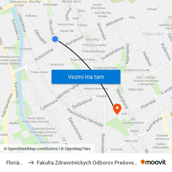 Floriánova to Fakulta Zdravotníckych Odborov Prešovskej Univerzity map