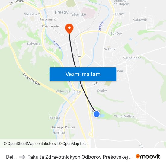 Delňa to Fakulta Zdravotníckych Odborov Prešovskej Univerzity map