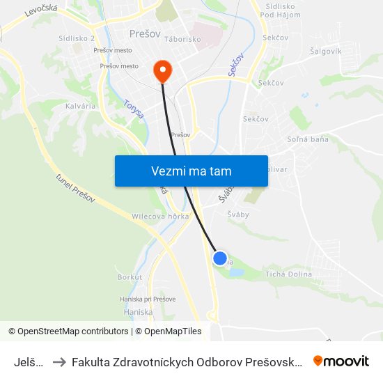 Jelšová to Fakulta Zdravotníckych Odborov Prešovskej Univerzity map