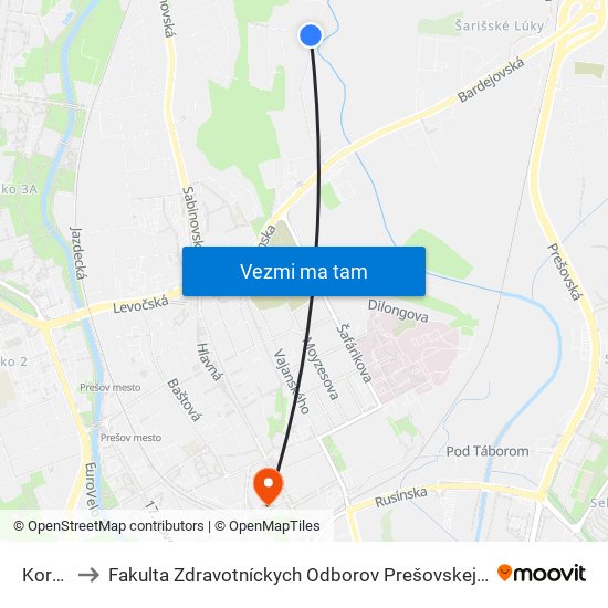Koryto to Fakulta Zdravotníckych Odborov Prešovskej Univerzity map