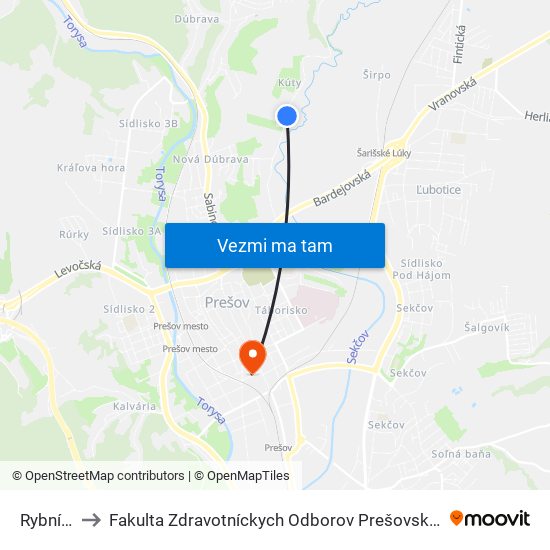 Rybníčky to Fakulta Zdravotníckych Odborov Prešovskej Univerzity map