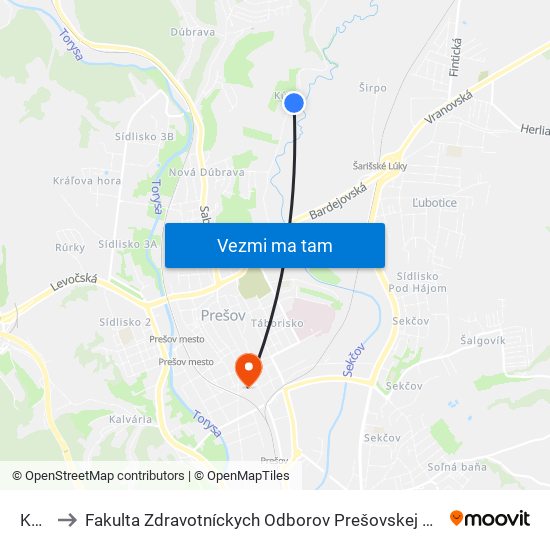 Kúty to Fakulta Zdravotníckych Odborov Prešovskej Univerzity map