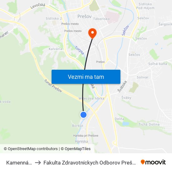 Kamenná Baňa to Fakulta Zdravotníckych Odborov Prešovskej Univerzity map