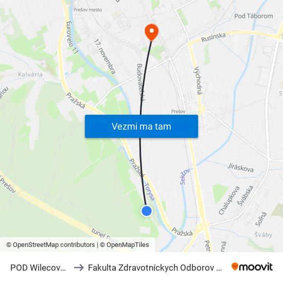 POD Wilecovou Hôrkou to Fakulta Zdravotníckych Odborov Prešovskej Univerzity map