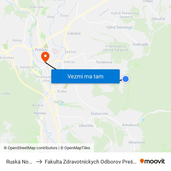 Ruská Nová Ves to Fakulta Zdravotníckych Odborov Prešovskej Univerzity map