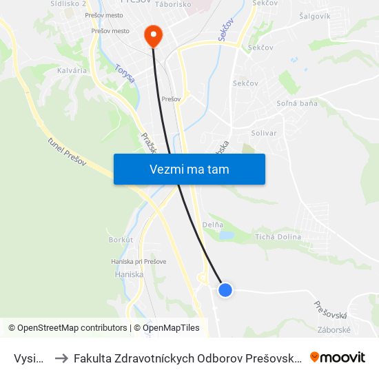 Vysielač to Fakulta Zdravotníckych Odborov Prešovskej Univerzity map