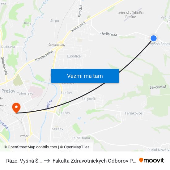 Rázc. Vyšná Šebastová to Fakulta Zdravotníckych Odborov Prešovskej Univerzity map