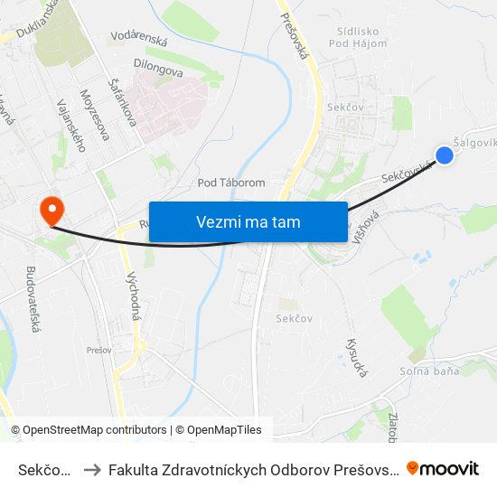 Sekčovská to Fakulta Zdravotníckych Odborov Prešovskej Univerzity map