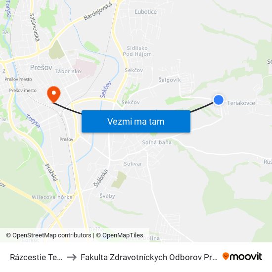 Rázcestie Teriakovce to Fakulta Zdravotníckych Odborov Prešovskej Univerzity map