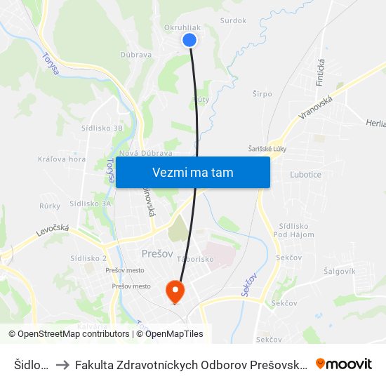 Šidlovec to Fakulta Zdravotníckych Odborov Prešovskej Univerzity map