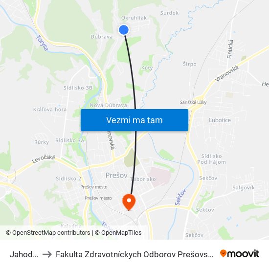 Jahodová to Fakulta Zdravotníckych Odborov Prešovskej Univerzity map