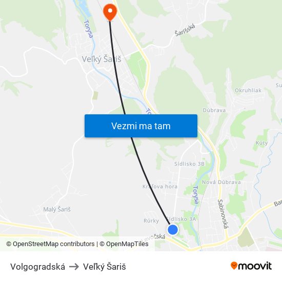 Volgogradská to Veľký Šariš map