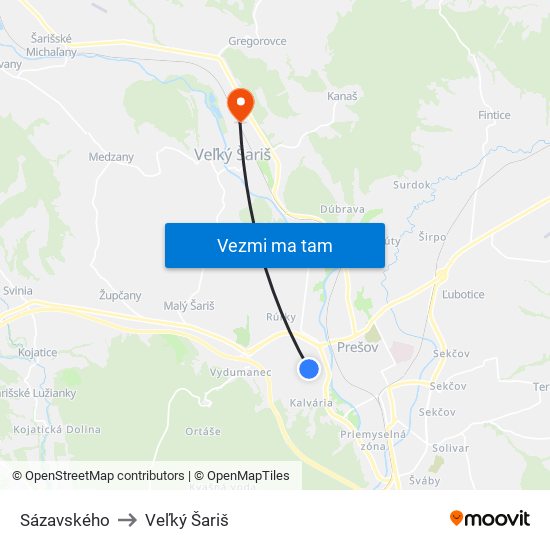 Sázavského to Veľký Šariš map