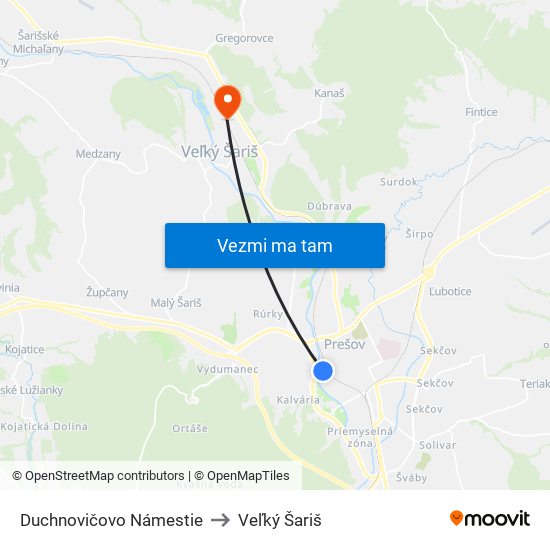 Duchnovičovo Námestie to Veľký Šariš map