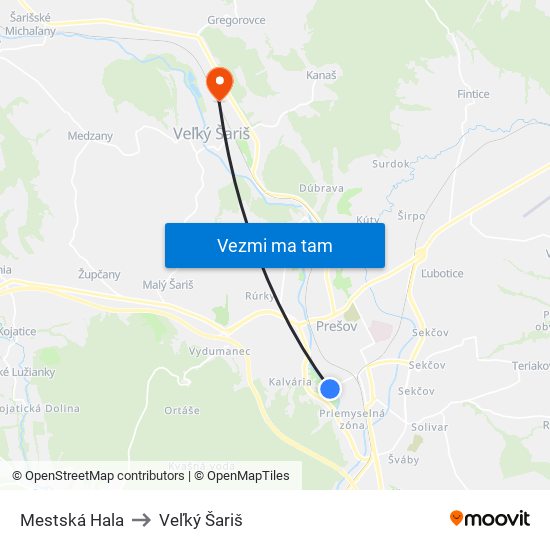 Mestská Hala to Veľký Šariš map