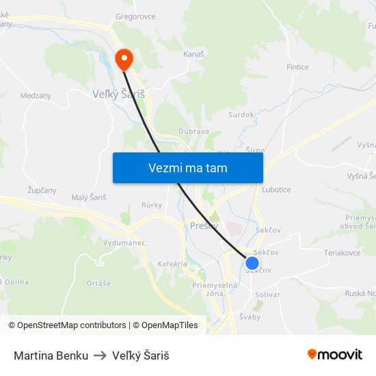 Martina Benku to Veľký Šariš map