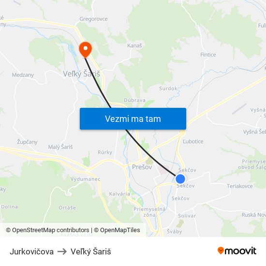 Jurkovičova to Veľký Šariš map