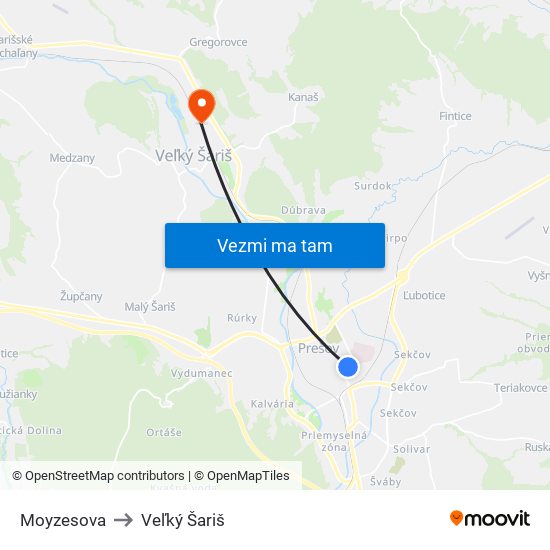 Moyzesova to Veľký Šariš map