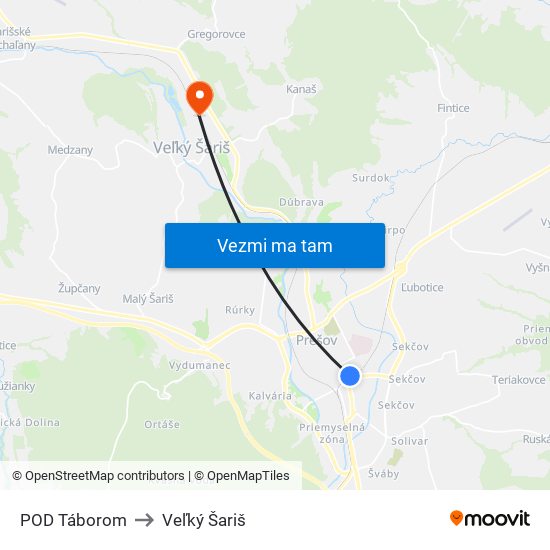 POD Táborom to Veľký Šariš map