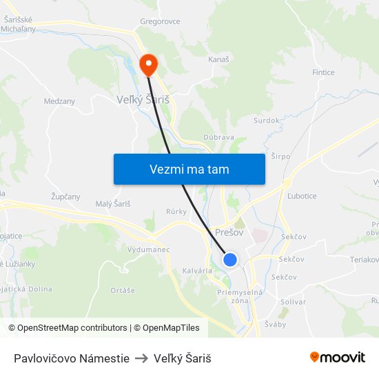 Pavlovičovo Námestie to Veľký Šariš map