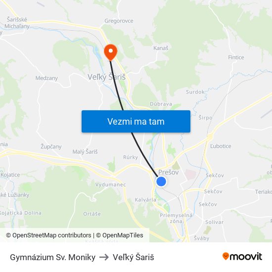 Gymnázium Sv. Moniky to Veľký Šariš map