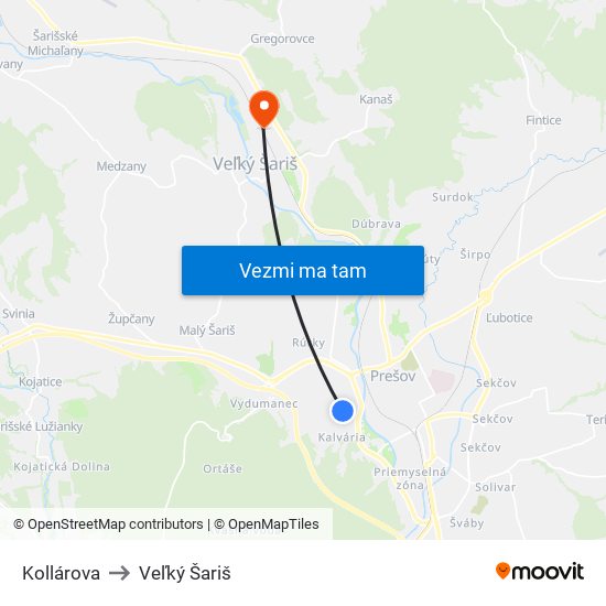 Kollárova to Veľký Šariš map