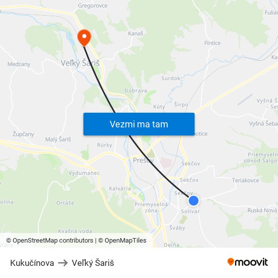 Kukučínova to Veľký Šariš map