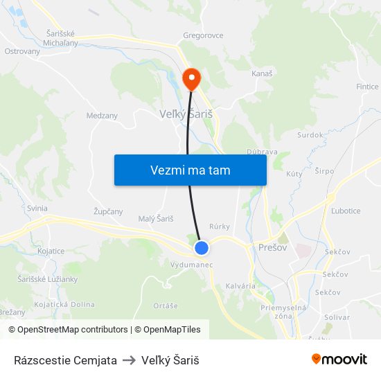 Rázscestie Cemjata to Veľký Šariš map