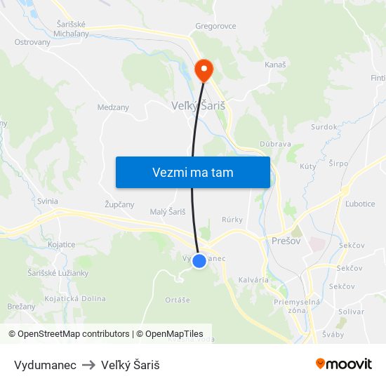 Vydumanec to Veľký Šariš map