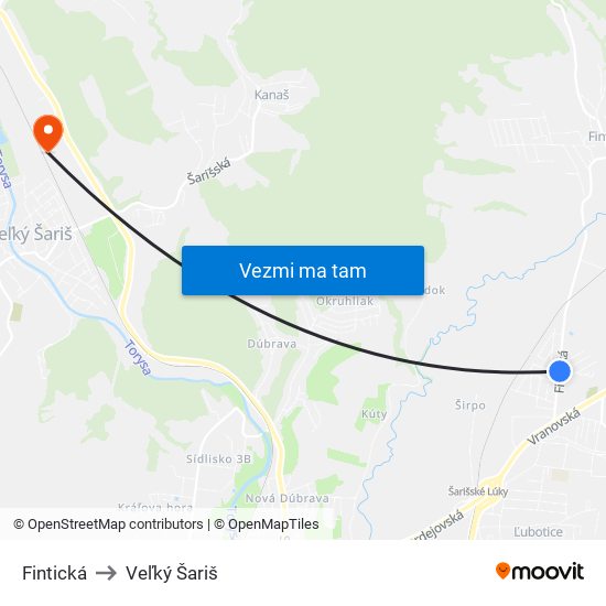 Fintická to Veľký Šariš map