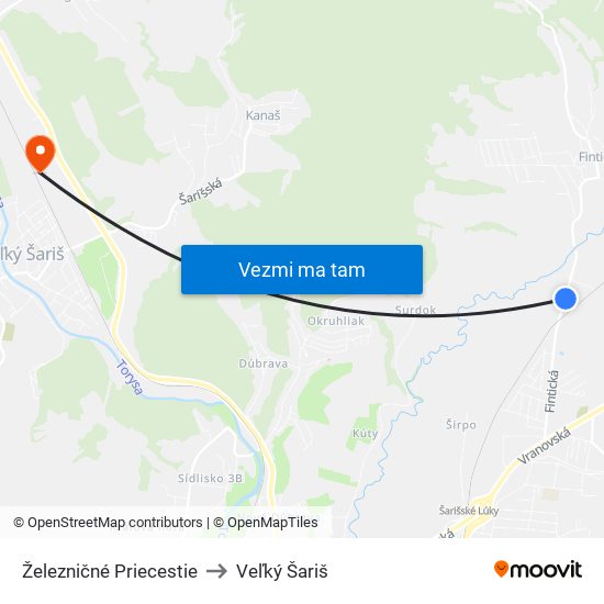 Železničné Priecestie to Veľký Šariš map