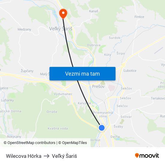 Wilecova Hôrka to Veľký Šariš map