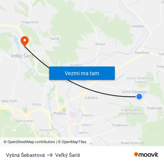 Vyšná Šebastová to Veľký Šariš map