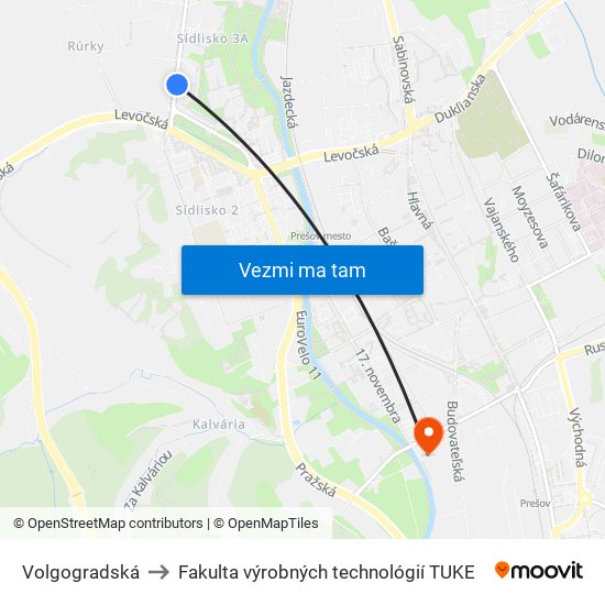 Volgogradská to Fakulta výrobných technológií TUKE map