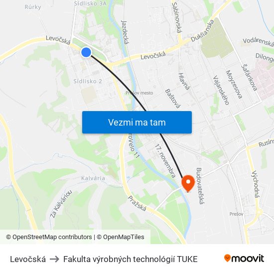 Levočská to Fakulta výrobných technológií TUKE map