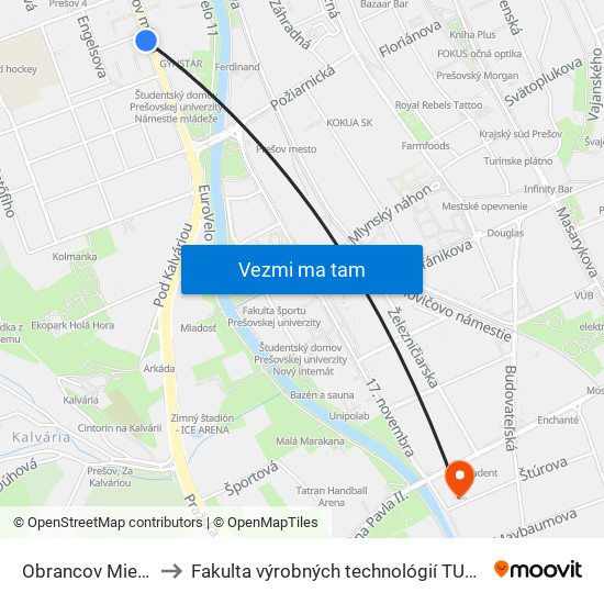 Obrancov Mieru to Fakulta výrobných technológií TUKE map