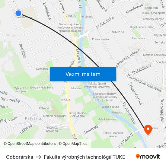 Odborárska to Fakulta výrobných technológií TUKE map