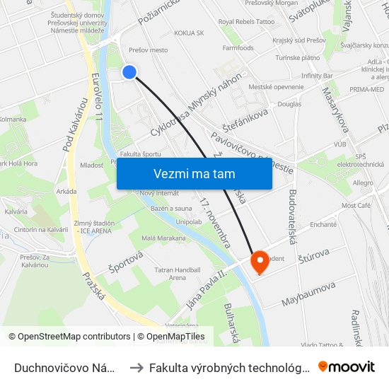 Duchnovičovo Námestie to Fakulta výrobných technológií TUKE map