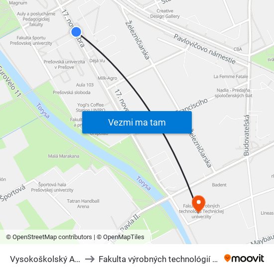 Vysokoškolský Areál to Fakulta výrobných technológií TUKE map