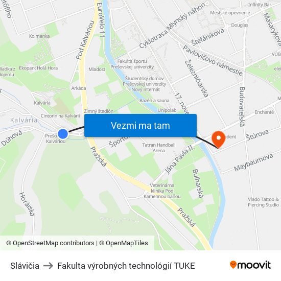 Slávičia to Fakulta výrobných technológií TUKE map