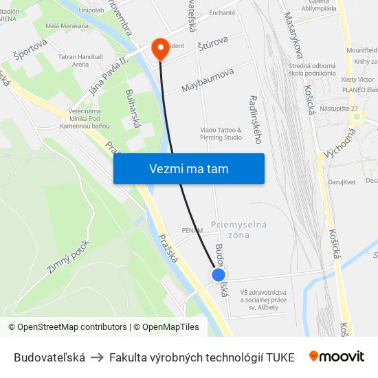 Budovateľská to Fakulta výrobných technológií TUKE map