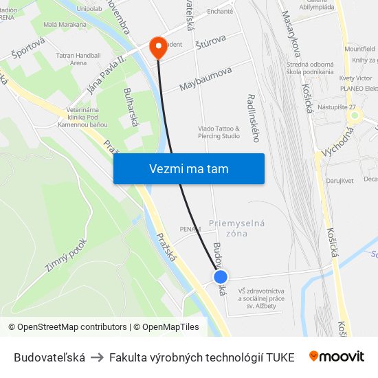 Budovateľská to Fakulta výrobných technológií TUKE map