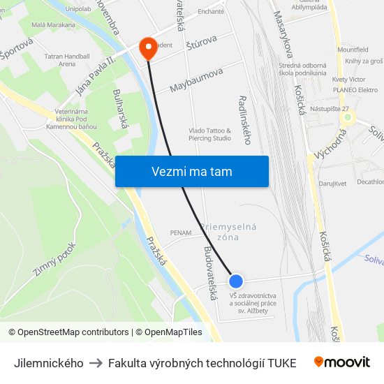 Jilemnického to Fakulta výrobných technológií TUKE map