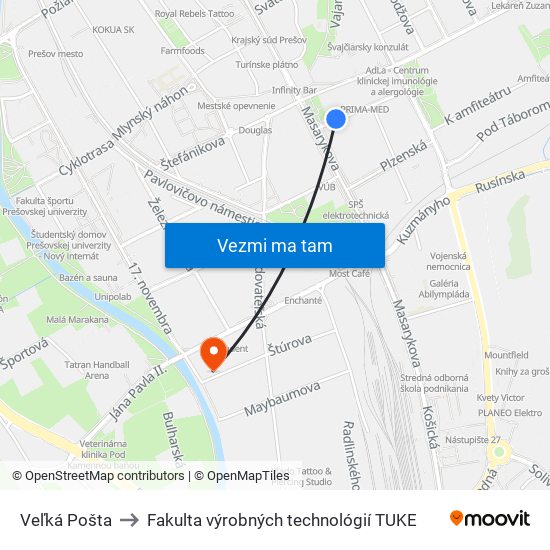 Veľká Pošta to Fakulta výrobných technológií TUKE map