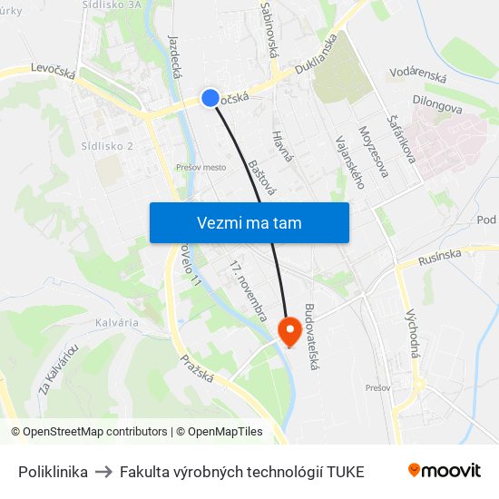 Poliklinika to Fakulta výrobných technológií TUKE map