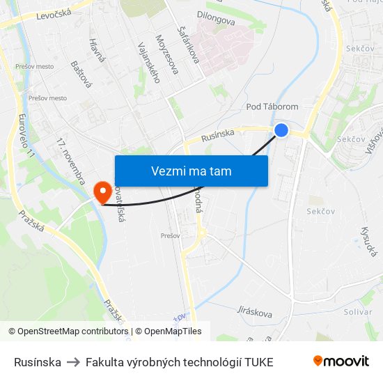 Rusínska to Fakulta výrobných technológií TUKE map